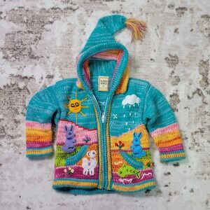 Peru Alpaca World Kids Sweater Size 2 Handmade Hooded Alpaca Wool Bunny Rainbow
